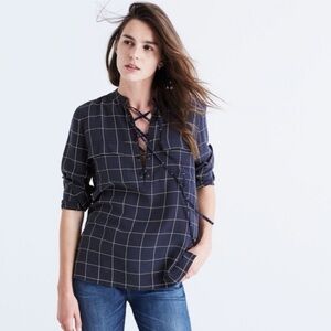 Madewell Navy Windowpane Silk Blouse